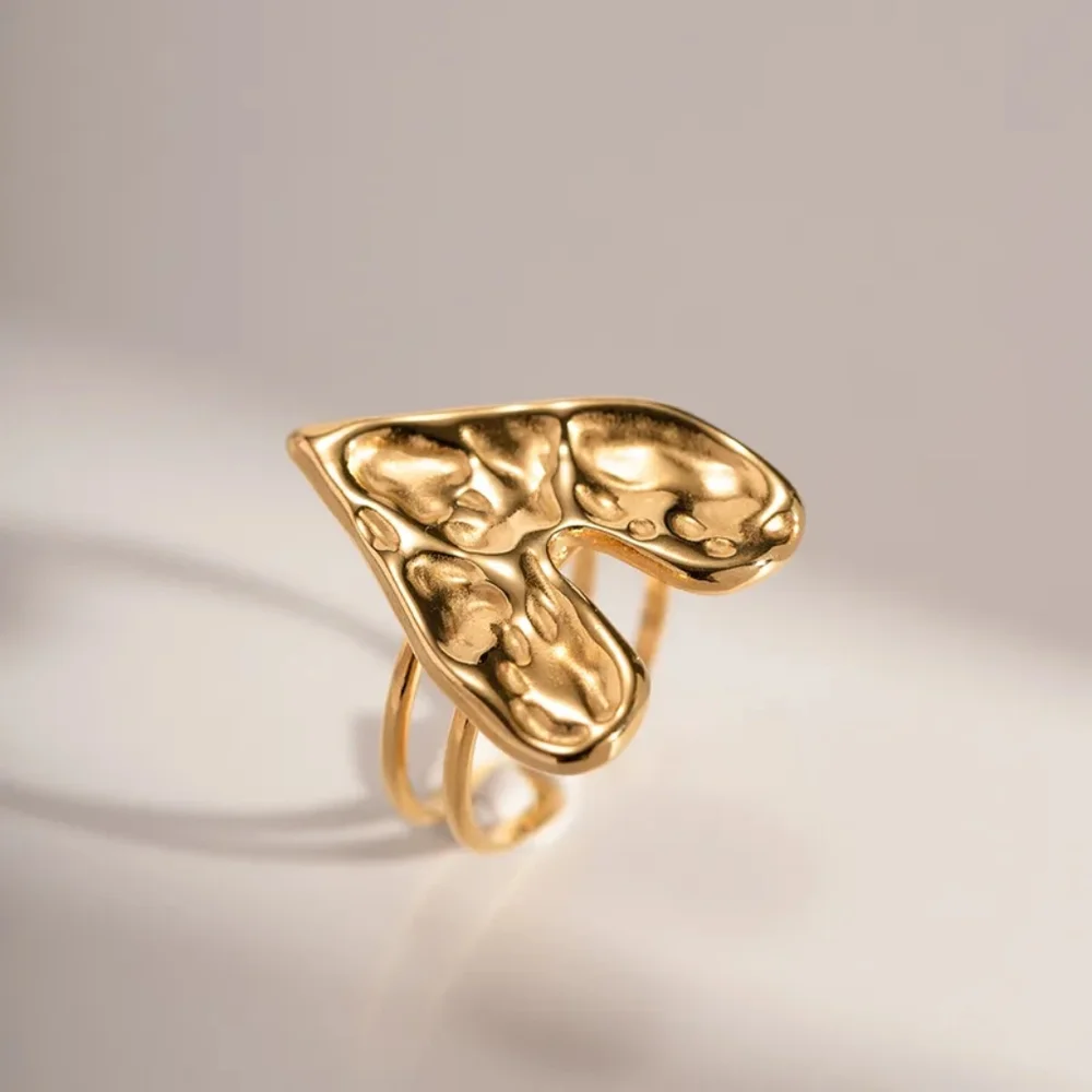 Adjustable Stainless Steel Open Rings, Modern Design with textured heart design. - Picture 4 of 8